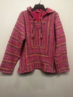 Pink Multicolor V-Neck Pullover Sarape Hoodie Size Large Made in Mexico